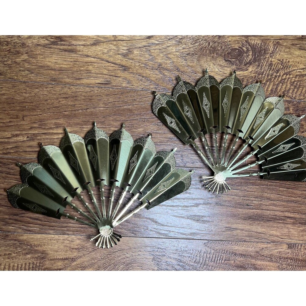 Vintage Set of 2 HOMCO Home Interior Ornate Brass Fan Hanging Wall Art Decor